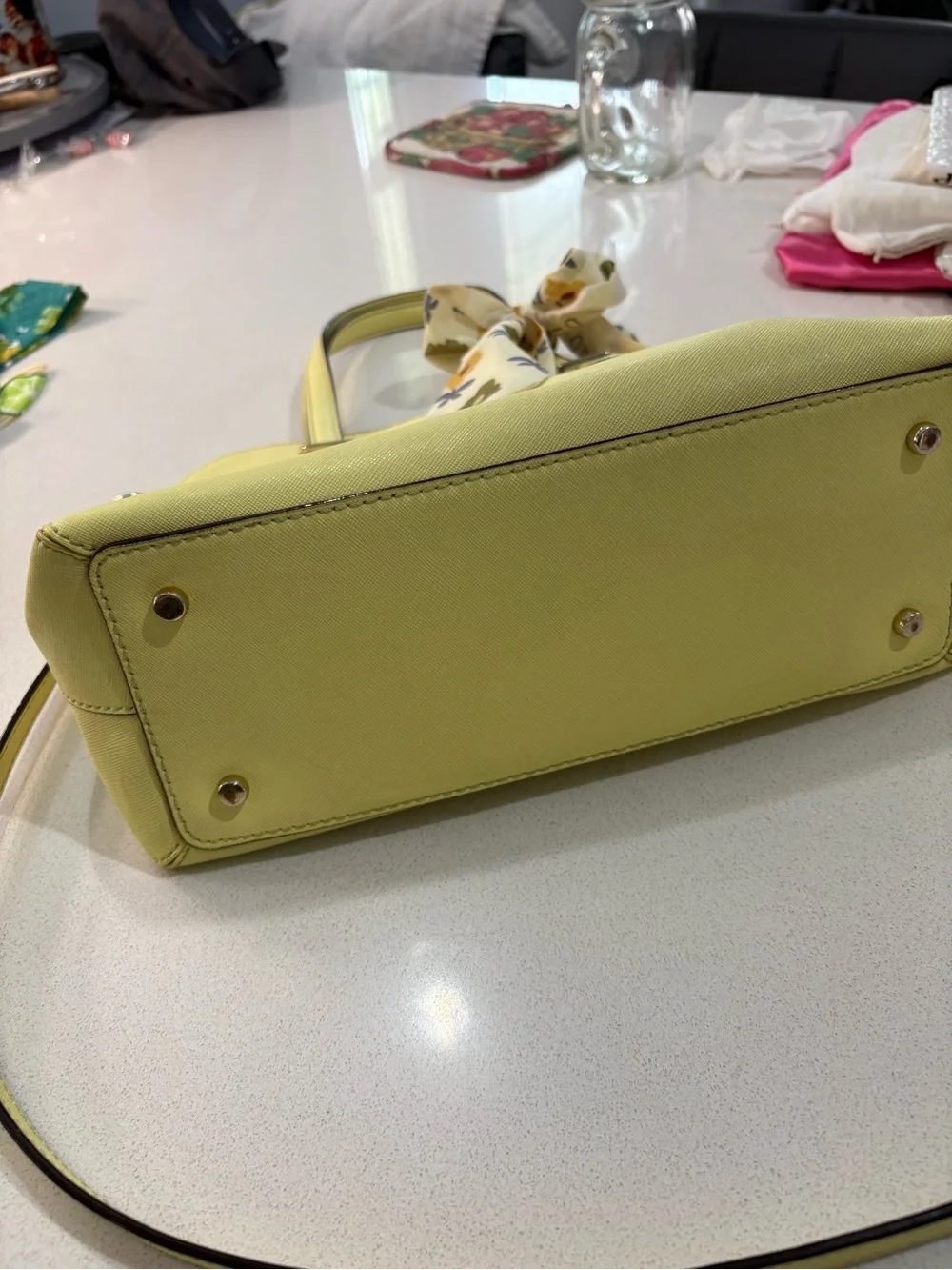 kate spade Lemon Yellow Dome Satchel with Floral Scarf Accent EUC